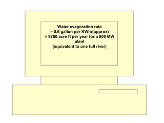 Water evaporation rate = 0.6 gallon per KWhr(approx) = 9700 acre ft per year for a 800 MW plant (equivalent to one full river)
