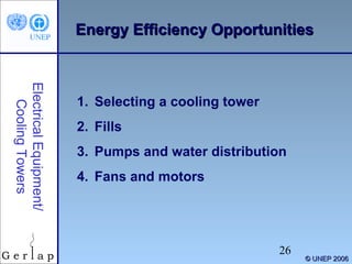 EEnneerrggyy EEffffiicciieennccyy OOppppoorrttuunniittiieess 
Electrical Equipment/ 
26 
© UUNNEEPP 22000066 
Cooling Towers 
1. Selecting a cooling tower 
2. Fills 
3. Pumps and water distribution 
4. Fans and motors 
 