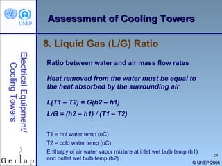 ©  UNEP 2006 8. Liquid Gas (L/G) Ratio Electrical Equipment/ Cooling Towers Ratio between water and air mass flow rates Heat removed from the water must be equal to the heat absorbed by the surrounding air L(T1 – T2) = G(h2 – h1) L/G = (h2 – h1) / (T1 – T2) T1 = hot water temp (oC) T2 = cold water temp (oC) Enthalpy of air water vapor mixture at inlet wet bulb temp (h1) and outlet wet bulb temp (h2) Assessment of Cooling Towers 