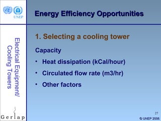 ©  UNEP 2006 Energy Efficiency Opportunities 1. Selecting a cooling tower Electrical Equipment/ Cooling Towers Capacity Heat dissipation (kCal/hour) Circulated flow rate (m3/hr) Other factors 