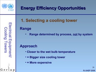©  UNEP 2006 Energy Efficiency Opportunities Electrical Equipment/ Cooling Towers Range Range determined by process,  not  by system Approach Closer to the wet bulb temperature = Bigger size cooling tower  = More expensive 1. Selecting a cooling tower 