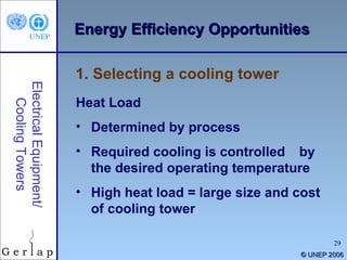 ©  UNEP 2006 Energy Efficiency Opportunities Electrical Equipment/ Cooling Towers Heat Load Determined by process Required cooling is controlled  by the desired operating temperature High heat load = large size and cost of cooling tower 1. Selecting a cooling tower 