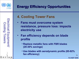 ©  UNEP 2006 Energy Efficiency Opportunities 4. Cooling Tower Fans Electrical Equipment/ Cooling Towers Fans must overcome system resistance, pressure loss: impacts electricity use Fan efficiency depends on blade profile  Replace metallic fans with FBR blades (20-30% savings) Use blades with aerodynamic profile (85-92% fan efficiency) 