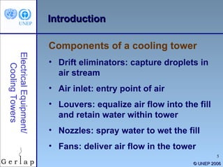 ©  UNEP 2006 Introduction Drift eliminators: capture droplets in air stream Air inlet: entry point of air Louvers: equalize air flow into the fill and retain water within tower Nozzles: spray water to wet the fill Fans: deliver air flow in the tower Components of a cooling tower Electrical Equipment/ Cooling Towers 