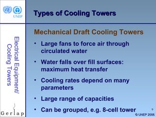 ©  UNEP 2006 Types of Cooling Towers Large fans to force air through circulated water Water falls over fill surfaces: maximum heat transfer Cooling rates depend on many parameters Large range of capacities Can be grouped, e.g. 8-cell tower Mechanical Draft Cooling Towers Electrical Equipment/ Cooling Towers 