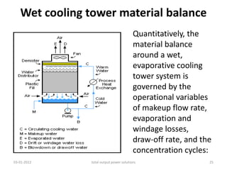 Wet cooling tower material balance
Quantitatively, the
material balance
around a wet,
evaporative cooling
tower system is
governed by the
operational variables
of makeup flow rate,
evaporation and
windage losses,
draw-off rate, and the
concentration cycles:
03-01-2022 total output power solutions 25
 