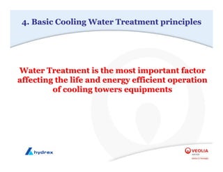 4. Basic Cooling Water Treatment principles
4. Basic Cooling Water Treatment principles
Water Treatment is the most important factor
Water Treatment is the most important factor
affecting the life and energy efficient operation
affecting the life and energy efficient operation
of cooling towers equipments
of cooling towers equipments
 