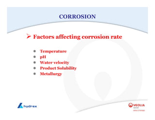 CORROSION
¾ Factors affecting corrosion rate
z Temperature
z pH
z Water velocity
z Product Solubility
z Metallurgy
 