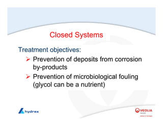 Closed Systems
Treatment objectives:
¾ Prevention of deposits from corrosion
by-products
¾ Prevention of microbiological fouling
(glycol can be a nutrient)
 