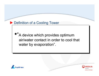 X Definition of a Cooling Tower
•“A device which provides optimum
air/water contact in order to cool that
water by evaporation”.
 