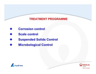 ¡ Corrosion control
¡ Scale control
¡ Suspended Solids Control
¡ Microbological Control
TREATMENT PROGRAMME
 