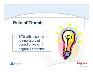 Rule of Thumb...
1 BTU will raise the
temperature of 1
pound of water 1
degree Fahrenheit.
 
