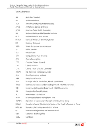 Code of Practice for Water-cooled Air Conditioning Systems
Part 3: Water Treatment Methods for Cooling Towers
2006 Edition (Jan 2007) v
List of Abbreviation
AS Australian Standard
AP Authorized Person
AMP Aminotris [methylene phosphonic acid]
APCO Air Pollution Control Ordinance
APHA American Public Health Association
ARI Air Conditioning and Refrigeration Institute
BCYE Buffered charcoal yeast extract
BCDMH bromo-3-chloro-5, 5-dimethylhydantoin
BO Buildings Ordinance
BOD5 5 days Biochemical oxygen demand
BS British Standard
BTA Benzotriazole
CFD Computational Fluid Dynamic
CFU Colony forming Unit
COD Chemical Oxygen Demand
CoP Code of Practice
CTSC Cooling Tower Specialist Contractor
DBNPA 2,2-dibromo-3-nitrilopropionamide
DFA Direct fluorescence antibody
DNA Deoxyribonucleic acid
DSD Drainage Services Department, HKSAR Government
EMSD Electrical and Mechanical Services Department, HKSAR Government
EPD Environmental Protection Department, HKSAR Government
FRP Fibreglass Reinforced Polyester
HCC Heterotrophic colony count
HEDP (1-hydroxyethylidene) diphosphonic acid
HKPLDC Prevention of Legionnaire’s Disease Committee, Hong Kong
HKSAR Hong Kong Special Administrative Region of the People’s Republic of China
HOKLAS Hong Kong Laboratory Accreditation Scheme
ISO International Organization for Standardization
MBT Methylene-(bis)thiocyanate
MoO4 Molybdate
 