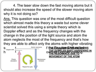 4. The laser slow down the fast moving atoms but it
should also increase the speed of the slower moving atom
why it is not doing so?
Ans. This question was one of the most difficult question
which almost made this theory a waste but some clever
scientist solved this using a simple theory which is
Doppler effect and as the frequency changes with the
change in the position of the light source and atom the
atom neglects the most of the frequency and that’s how
they are able to affect only the atoms with higher vibrating
speed. This was the basis of the Doppler Shift called
                                THE FOLLOWING FIGURE SHOWS
                                THE DOPPLER SHIFT HAPPENING IN
hence the cooling is also known as DopplerDUE TO
                                THE RESONANCE
                                               cooling.
                               MOVEMENT OF THE ATOM
 