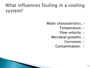 Water characteristics.
Temperature.
Flow velocity.
Microbial growths.
Corrosion.
Contamination.
30
 