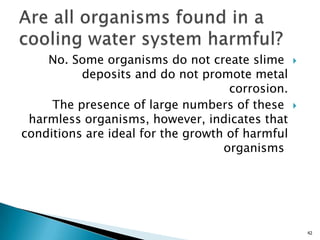 No. Some organisms do not create slime
deposits and do not promote metal
corrosion.
The presence of large numbers of these
harmless organisms, however, indicates that
conditions are ideal for the growth of harmful
organisms
42
 