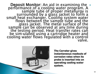 Deposit Monitor: An aid in examining the
performance of a cooling water program. A
sample tube of proper metallurgy is
surrounded by a glass jacket to form a
small heat exchanger. Cooling system water
flows between the sample tube and the
glass jacket. The metal surface of the
sample can be observed at any time during
the testing period. Heat transfer rates can
be sim-ulated using a cartridge heater and
cooling water flows regulated with a control
valve.
63
The Corrater gives
instantaneous readouts of
corrosion rates when its
probe is inserted into an
operating cooling water
system.
 