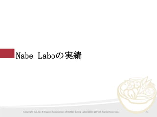 Nabe LaboΌg

Copyright (C) 2013 Nippon Association of Better-Eating Laboratory LLP All Rights Reserved.

5

 