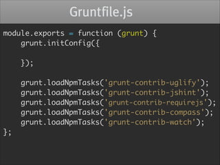grunt.initConfig({	
appDir: 'web/assets',	
builtDir: 'web/assets-built',	
requirejs: {	 RequireJS *can* uglify CSS
and JS,...