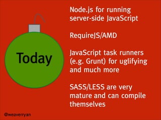 Node.js for running
server-side JavaScript
!

RequireJS/AMD
!

Today

JavaScript task runners
(e.g. Grunt) for uglifying
a...