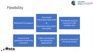 Flexibility
Dedicated throughput
Committed
Information Rate (CIR)
&
Maximum Information
Rate (MIR)
Bandwidth pool for
customers with
multiple sites
Protocol and
application control by
customers
Traffic prioritization
for enterprise
applications
Solutions tailored for
the local market
17
 