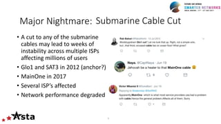 5
Submarine Cable Cut
• A cut to any of the submarine
cables may lead to weeks of
instability across multiple ISPs
affecting millions of users
• Glo1 and SAT3 in 2012 (anchor?)
• MainOne in 2017
• Several ISP’s affected
• Network performance degraded
Major Nightmare:
 