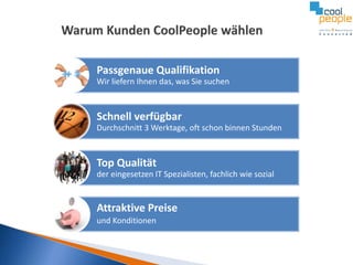 Passgenaue Qualifikation
Wir liefern Ihnen das, was Sie suchen

Schnell verfügbar
Durchschnitt 3 Werktage, oft schon binnen Stunden

Top Qualität
der eingesetzen IT Spezialisten, fachlich wie sozial

Attraktive Preise
und Konditionen

 