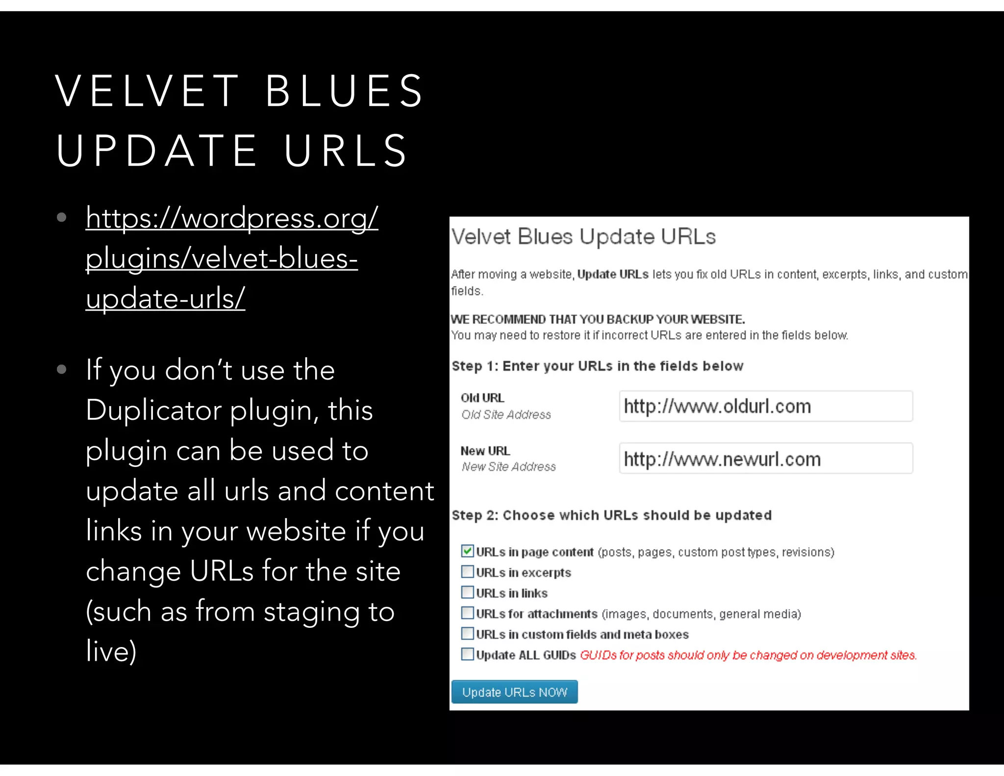 V E LV E T B L U E S
U P D AT E U R L S
• https://wordpress.org/
plugins/velvet-blues-
update-urls/
• If you don’t use the
Duplicator plugin, this
plugin can be used to
update all urls and content
links in your website if you
change URLs for the site
(such as from staging to
live)
 