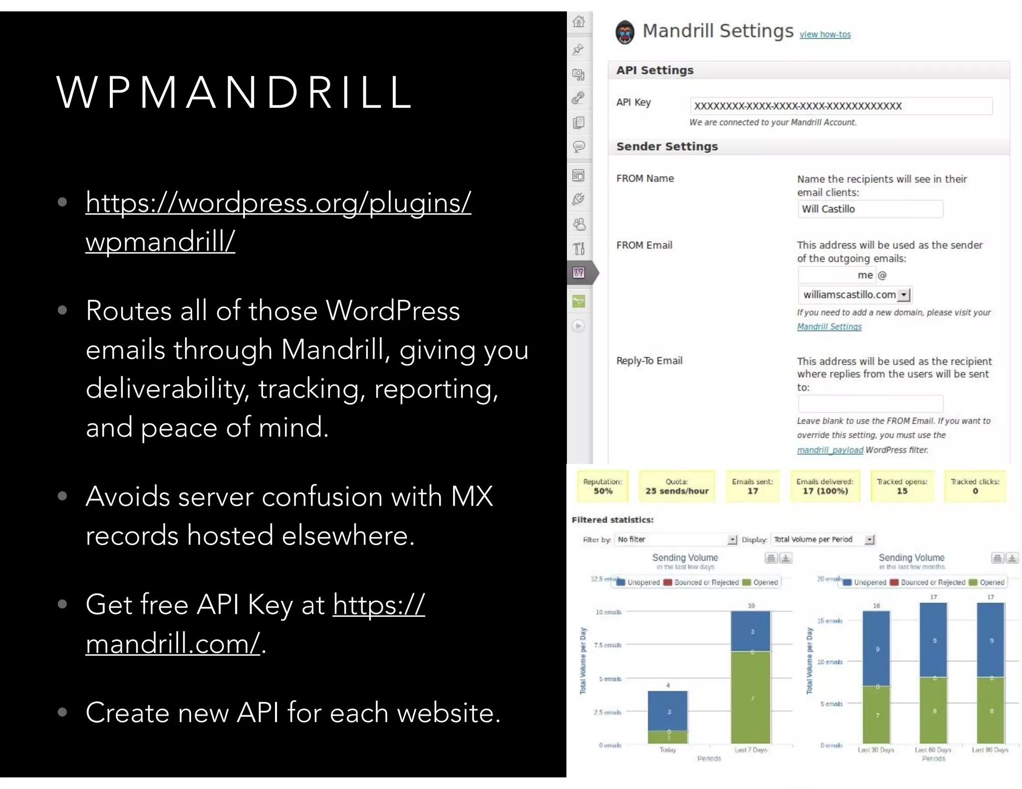 W P M A N D R I L L
• https://wordpress.org/plugins/
wpmandrill/
• Routes all of those WordPress
emails through Mandrill, giving you
deliverability, tracking, reporting,
and peace of mind.
• Avoids server confusion with MX
records hosted elsewhere.
• Get free API Key at https://
mandrill.com/.
• Create new API for each website.
 