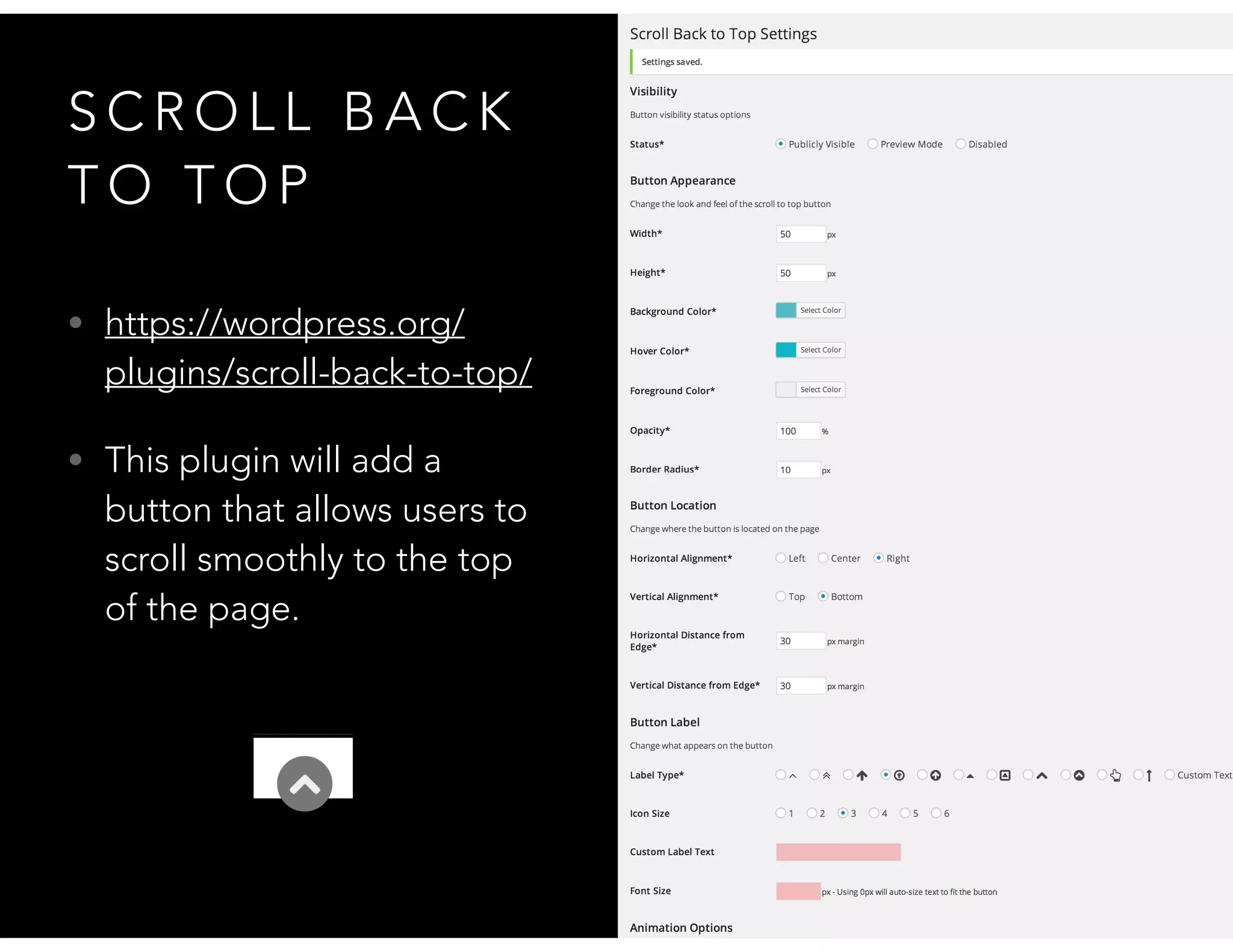 S C R O L L B A C K
T O T O P
• https://wordpress.org/
plugins/scroll-back-to-top/
• This plugin will add a
button that allows users to
scroll smoothly to the top
of the page.
 
