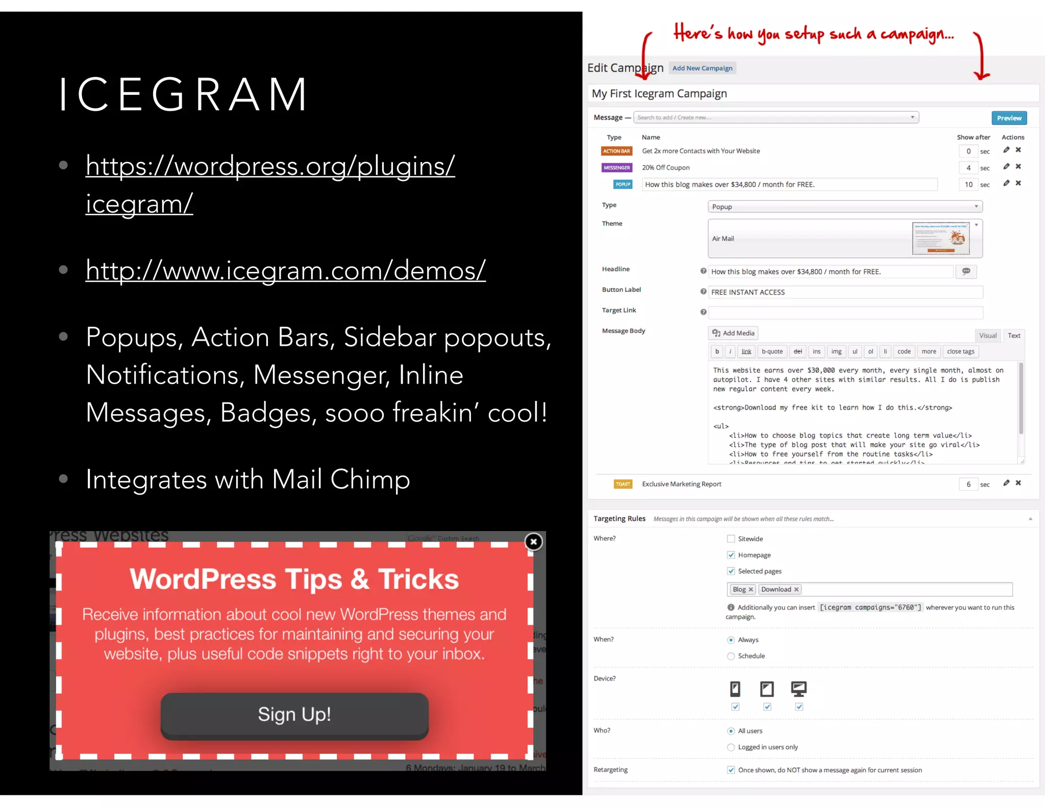 I C E G R A M
• https://wordpress.org/plugins/
icegram/
• http://www.icegram.com/demos/
• Popups, Action Bars, Sidebar popouts,
Notifications, Messenger, Inline
Messages, Badges, sooo freakin’ cool!
• Integrates with Mail Chimp
 
