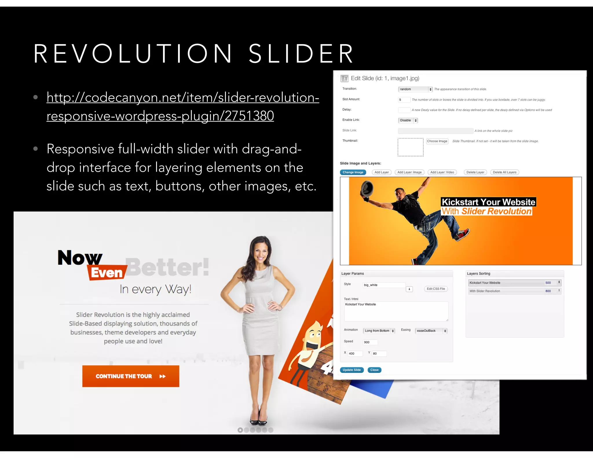 R E V O L U T I O N S L I D E R
• http://codecanyon.net/item/slider-revolution-
responsive-wordpress-plugin/2751380
• Responsive full-width slider with drag-and-
drop interface for layering elements on the
slide such as text, buttons, other images, etc.
 
