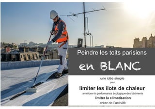 http://coolroof-France.com
Peindre les toits parisiens
en BLANC
une idée simple
pour
limiter les ilots de chaleur
améliorer la performance écologique des bâtiments
limiter la climatisation
créer de l’activité
 