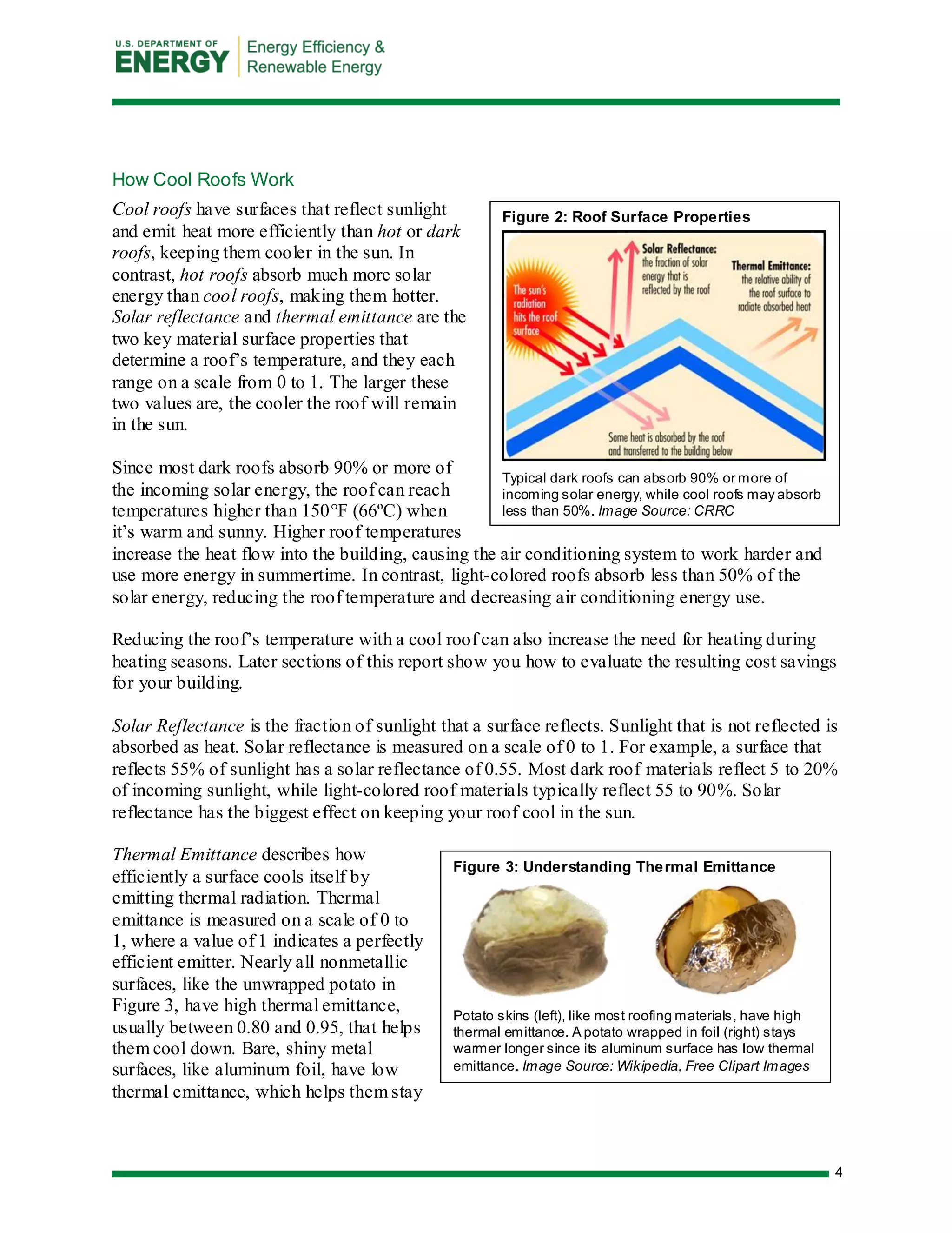 4 
Figure 3: Understanding Thermal Emittance 
Potato skins (left), like most roofing materials, have high thermal emittance. A potato wrapped in foil (right) stays warmer longer since its aluminum surface has low thermal emittance. Image Source: Wikipedia, Free Clipart Images 
How Cool Roofs Work 
Cool roofs have surfaces that reflect sunlight and emit heat more efficiently than hot or dark roofs, keeping them cooler in the sun. In contrast, hot roofs absorb much more solar energy than cool roofs, making them hotter. Solar reflectance and thermal emittance are the two key material surface properties that determine a roof’s temperature, and they each range on a scale from 0 to 1. The larger these two values are, the cooler the roof will remain in the sun. 
Since most dark roofs absorb 90% or more of the incoming solar energy, the roof can reach temperatures higher than 150°F (66ºC) when it’s warm and sunny. Higher roof temperatures increase the heat flow into the building, causing the air conditioning system to work harder and use more energy in summertime. In contrast, light-colored roofs absorb less than 50% of the solar energy, reducing the roof temperature and decreasing air conditioning energy use. 
Reducing the roof’s temperature with a cool roof can also increase the need for heating during heating seasons. Later sections of this report show you how to evaluate the resulting cost savings for your building. 
Solar Reflectance is the fraction of sunlight that a surface reflects. Sunlight that is not reflected is absorbed as heat. Solar reflectance is measured on a scale of 0 to 1. For example, a surface that reflects 55% of sunlight has a solar reflectance of 0.55. Most dark roof materials reflect 5 to 20% of incoming sunlight, while light-colored roof materials typically reflect 55 to 90%. Solar reflectance has the biggest effect on keeping your roof cool in the sun. 
Thermal Emittance describes how efficiently a surface cools itself by emitting thermal radiation. Thermal emittance is measured on a scale of 0 to 1, where a value of 1 indicates a perfectly efficient emitter. Nearly all nonmetallic surfaces, like the unwrapped potato in Figure 3, have high thermal emittance, usually between 0.80 and 0.95, that helps them cool down. Bare, shiny metal surfaces, like aluminum foil, have low thermal emittance, which helps them stay 
Figure 2: Roof Surface Properties 
Typical dark roofs can absorb 90% or more of incoming solar energy, while cool roofs may absorb less than 50%. Image Source: CRRC  