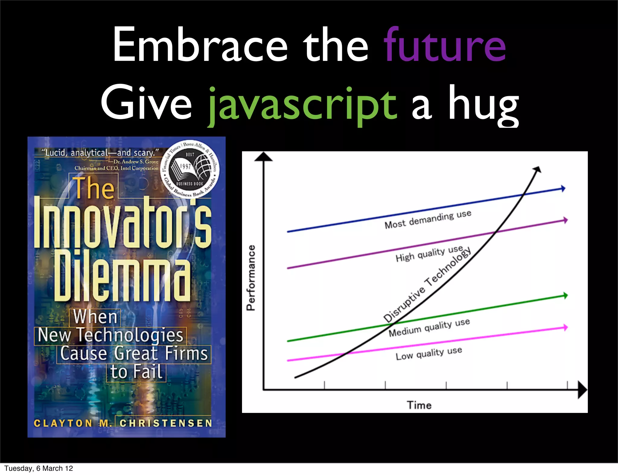 Embrace the future
                      Give javascript a hug




Tuesday, 6 March 12
 