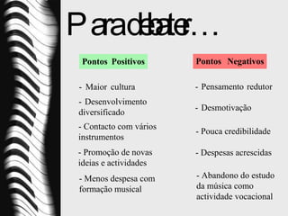 Para debater… Pontos Positivos Pontos Negativos - Maior cultura - Pensamento redutor - Desenvolvimento diversificado - Desmotivação - Contacto com vários instrumentos - Pouca credibilidade - Promoção de novas ideias e actividades - Despesas acrescidas - Menos despesa com formação musical - Abandono do estudo da música como actividade vocacional  