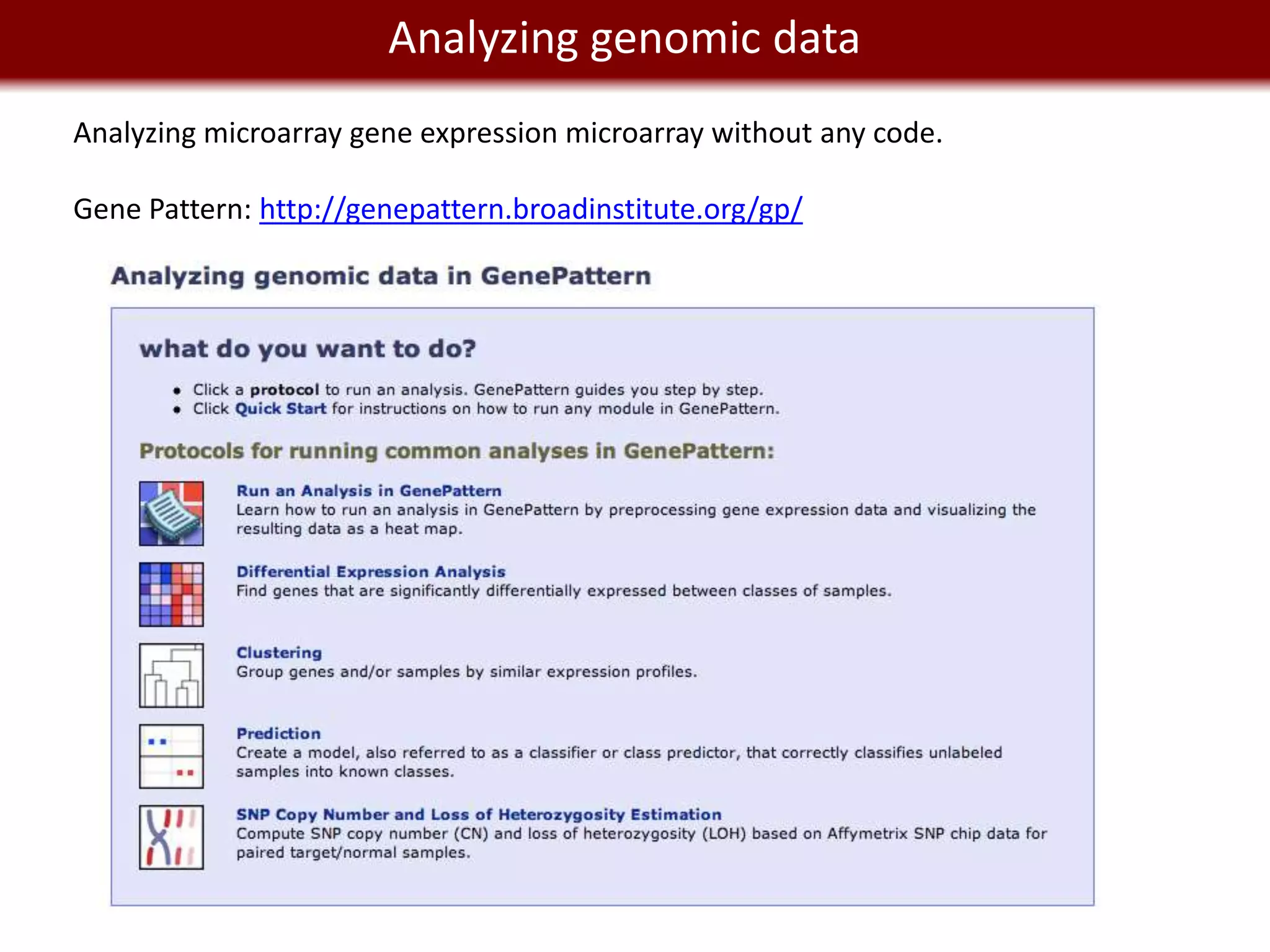 We live in a Big Data worlddata
              Analyzing genomic
Analyzing microarray gene expression microarray without any code.

Gene Pattern: http://genepattern.broadinstitute.org/gp/
 