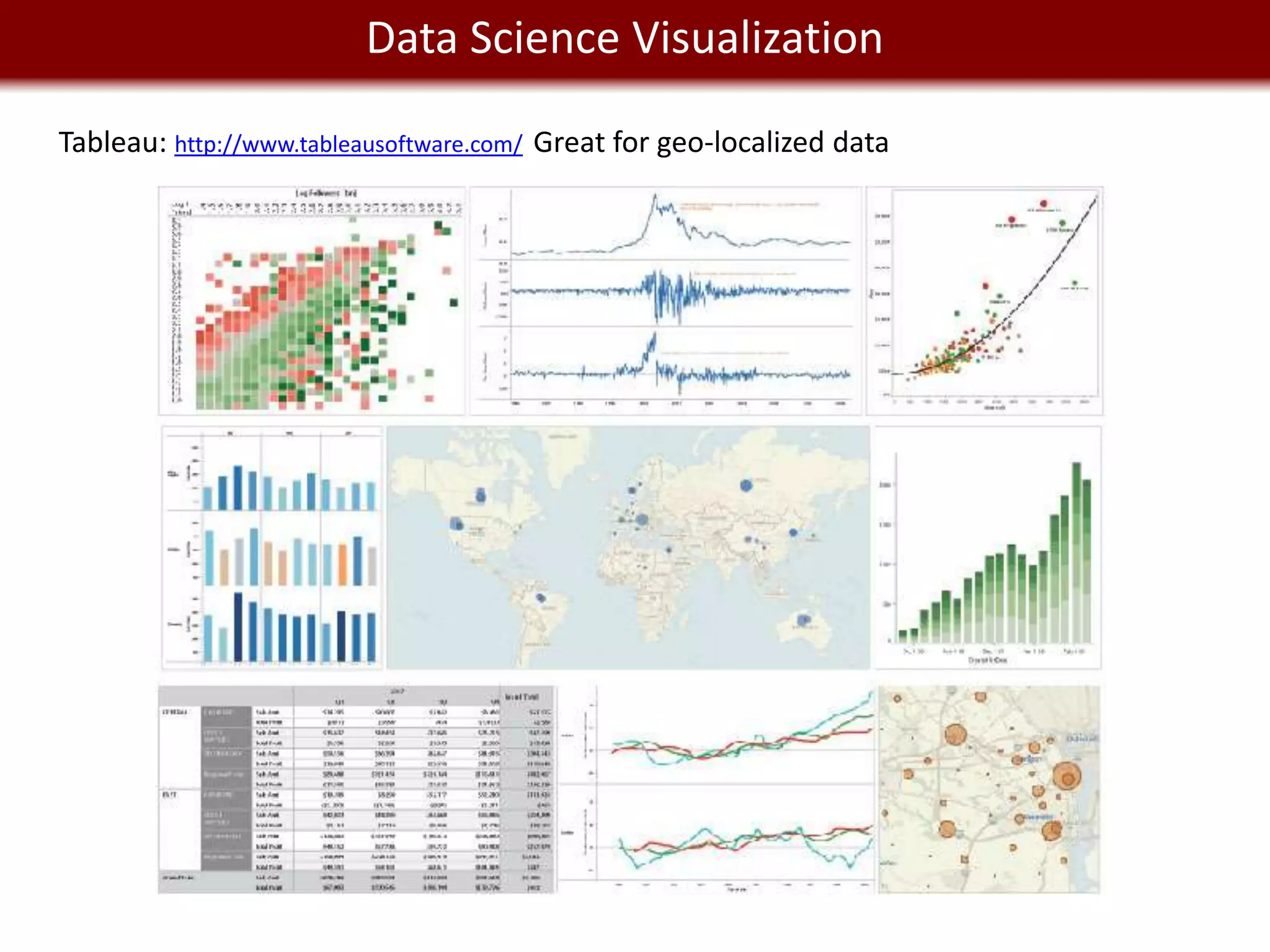 We live in Data Science Visualization
               a Big Data world
Tableau: http://www.tableausoftware.com/ Great for geo-localized data
 
