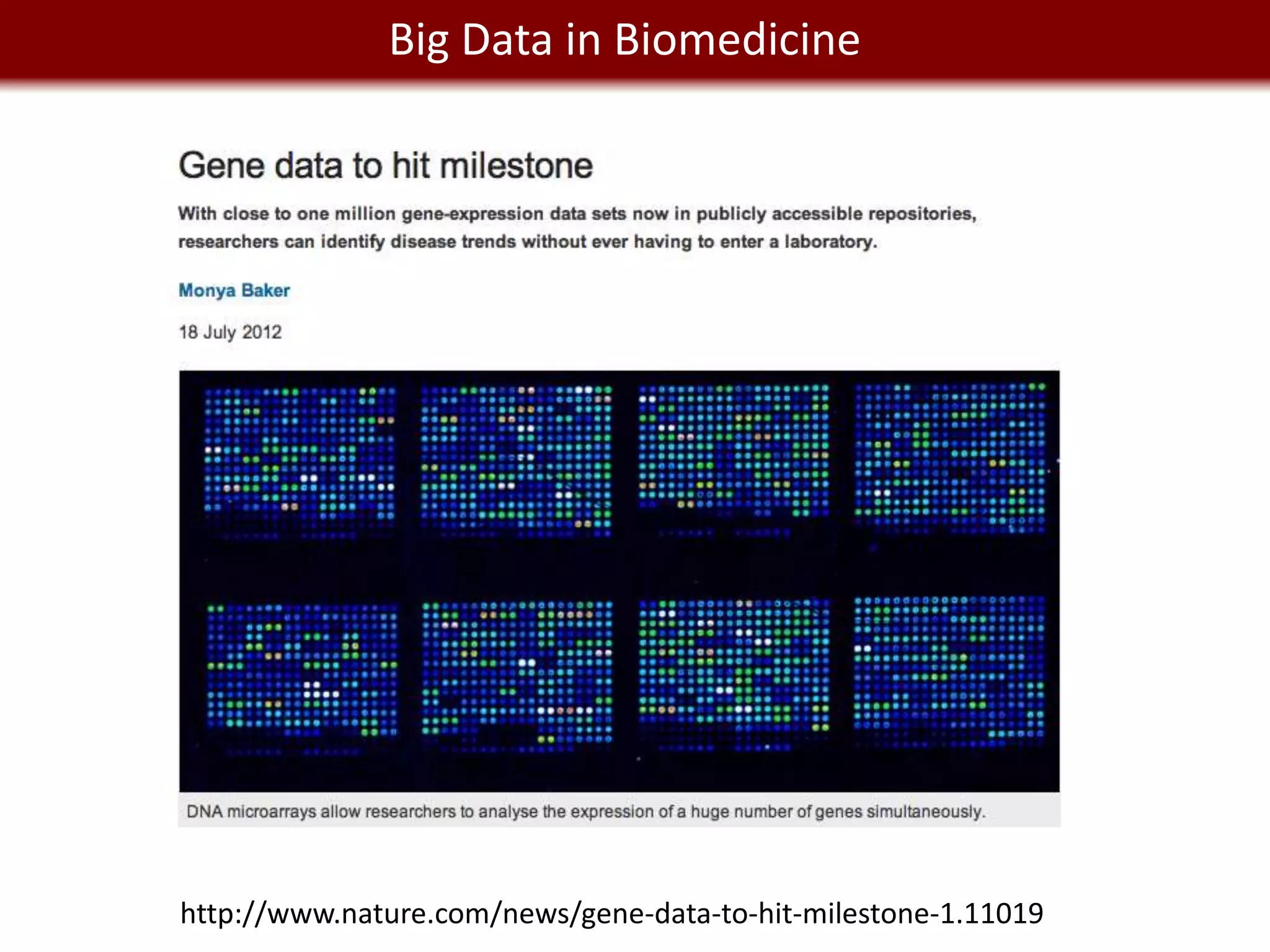 Big Data in Biomedicine




http://www.nature.com/news/gene-data-to-hit-milestone-1.11019
 