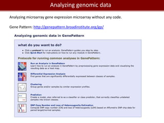 We live in a Big Data worlddata
              Analyzing genomic
Analyzing microarray gene expression microarray without any code.

Gene Pattern: http://genepattern.broadinstitute.org/gp/
 
