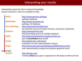 We live in a Big Datayour results
                 Interpreting world

Interpreting a gene list rely on external knowledge.
Several resources / tools are available to help.

     KEGG:               http://www.genome.jp/kegg/
                         pathway database
     REACTOME:           http://www.reactome.org
                         pathway 2.0 database
     Gene Ontology:      http://www.geneontology.org/
                         the ultimate resource for gene function, processes, localization
     BioMart:            http://www.biomart.org/
                         Portal providing access to multiple database
     GSEA:               http://www.broadinstitute.org/gsea/index.jsp
                         part of GenePattern but also R
     David:              http://david.abcc.ncifcrf.gov/
                         to perform an over-representation analysis
     Bingo:              http://www.psb.ugent.be/cbd/papers/BiNGO/Home.html
                         over-representation analysis but produce graphical result
(cytoscape)
     BioGPS:             http://biogps.org/
                         To know where your gene is expressed in the body or which cell line
 