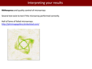 We live in a Big Datayour results
                  Interpreting world

RMAexpress and quality control of microarrays

Several test exist to test if the microarray performed correctly.

Hall of fame of failed microarrays:
http://plmimagegallery.bmbolstad.com/
 