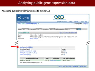 Analyzing public gene expression data
      We live in a Big Data world
Analyzing public microarray with code (kind of...)
 