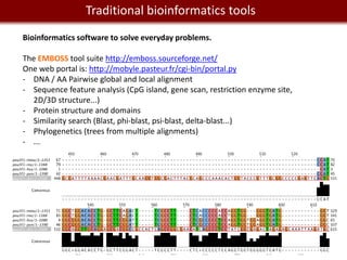 We live in a Big Data world tools
          Traditional bioinformatics
Bioinformatics software to solve everyday problems.

The EMBOSS tool suite http://emboss.sourceforge.net/
One web portal is: http://mobyle.pasteur.fr/cgi-bin/portal.py
- DNA / AA Pairwise global and local alignment
- Sequence feature analysis (CpG island, gene scan, restriction enzyme site,
  2D/3D structure...)
- Protein structure and domains
- Similarity search (Blast, phi-blast, psi-blast, delta-blast...)
- Phylogenetics (trees from multiple alignments)
- ...
 