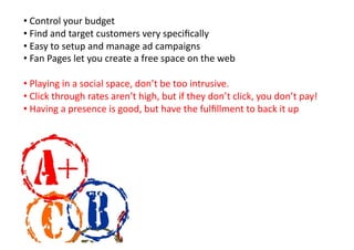• 	
  Control	
  your	
  budget	
  
• 	
  Find	
  and	
  target	
  customers	
  very	
  speciﬁcally	
  
• 	
  Easy	
  to	
  setup	
  and	
  manage	
  ad	
  campaigns	
  
• 	
  Fan	
  Pages	
  let	
  you	
  create	
  a	
  free	
  space	
  on	
  the	
  web	
  

• 	
  Playing	
  in	
  a	
  social	
  space,	
  don’t	
  be	
  too	
  intrusive.	
  
• 	
  Click	
  through	
  rates	
  aren’t	
  high,	
  but	
  if	
  they	
  don’t	
  click,	
  you	
  don’t	
  pay!	
  
• 	
  Having	
  a	
  presence	
  is	
  good,	
  but	
  have	
  the	
  fulﬁllment	
  to	
  back	
  it	
  up	
  
 