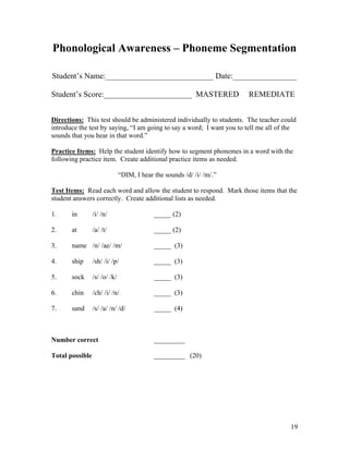Phonological Awareness – Phoneme Segmentation
Student’s Name:___________________________ Date:________________
Student’s Score:______________________ MASTERED

REMEDIATE

Directions: This test should be administered individually to students. The teacher could
introduce the test by saying, “I am going to say a word; I want you to tell me all of the
sounds that you hear in that word.”
Practice Items: Help the student identify how to segment phonemes in a word with the
following practice item. Create additional practice items as needed.
“DIM, I hear the sounds /d/ /i/ /m/.”
Test Items: Read each word and allow the student to respond. Mark those items that the
student answers correctly. Create additional lists as needed.
1.

in

/i/ /n/

_____ (2)

2.

at

/a/ /t/

_____ (2)

3.

name /n/ /ae/ /m/

_____ (3)

4.

ship

/sh/ /i/ /p/

_____ (3)

5.

sock

/s/ /o/ /k/

_____ (3)

6.

chin

/ch/ /i/ /n/

_____ (3)

7.

sand

/s/ /a/ /n/ /d/

_____ (4)

Number correct

_________

Total possible

_________ (20)

19

 