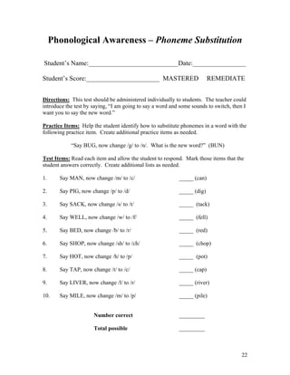Phonological Awareness – Phoneme Substitution
Student’s Name:___________________________Date:________________
Student’s Score:______________________ MASTERED

REMEDIATE

Directions: This test should be administered individually to students. The teacher could
introduce the test by saying, “I am going to say a word and some sounds to switch, then I
want you to say the new word.”
Practice Items: Help the student identify how to substitute phonemes in a word with the
following practice item. Create additional practice items as needed.
“Say BUG, now change /g/ to /n/. What is the new word?” (BUN)
Test Items: Read each item and allow the student to respond. Mark those items that the
student answers correctly. Create additional lists as needed.
1.

Say MAN, now change /m/ to /c/

_____ (can)

2.

Say PIG, now change /p/ to /d/

_____ (dig)

3.

Say SACK, now change /s/ to /t/

_____ (tack)

4.

Say WELL, now change /w/ to /f/

_____ (fell)

5.

Say BED, now change /b/ to /r/

_____ (red)

6.

Say SHOP, now change /sh/ to /ch/

_____ (chop)

7.

Say HOT, now change /h/ to /p/

_____ (pot)

8.

Say TAP, now change /t/ to /c/

_____ (cap)

9.

Say LIVER, now change /l/ to /r/

_____ (river)

10.

Say MILE, now change /m/ to /p/

_____ (pile)

Number correct

_________

Total possible

_________

22

 