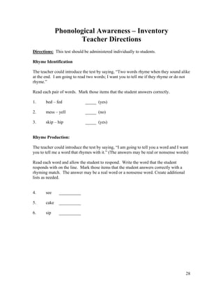 Phonological Awareness – Inventory
Teacher Directions
Directions: This test should be administered individually to students.
Rhyme Identification
The teacher could introduce the test by saying, “Two words rhyme when they sound alike
at the end. I am going to read two words; I want you to tell me if they rhyme or do not
rhyme.”
Read each pair of words. Mark those items that the student answers correctly.
1.

bed – fed

_____ (yes)

2.

mess – yell

_____ (no)

3.

skip – hip

_____ (yes)

Rhyme Production:
The teacher could introduce the test by saying, “I am going to tell you a word and I want
you to tell me a word that rhymes with it.” (The answers may be real or nonsense words)
Read each word and allow the student to respond. Write the word that the student
responds with on the line. Mark those items that the student answers correctly with a
rhyming match. The answer may be a real word or a nonsense word. Create additional
lists as needed.
4.

see

__________

5.

cake

__________

6.

sip

__________

28

 
