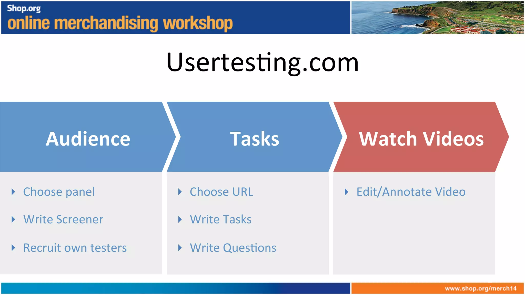 Usertes+ng.com	
  
Audience	
   Watch	
  Videos	
  
‣  Choose	
  panel	
  
‣  Write	
  Screener	
  
‣  Recruit	
  own	
  testers	
  
Tasks	
  
‣  Choose	
  URL	
  
‣  Write	
  Tasks	
  
‣  Write	
  Ques+ons	
  
‣  Edit/Annotate	
  Video	
  
 