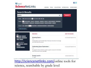 http://sciencenetlinks.com/online tools for
science, searchable by grade level
 